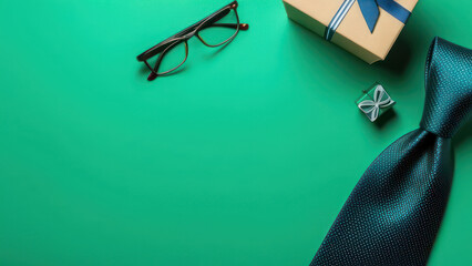 composition with gift box, coffee cup, necktie, glasses on green background.