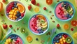© Pornarun - A flat lay of colorful smoothie bowls with fresh fruit and toppings.  A healthy and delicious breakfast or snack idea.