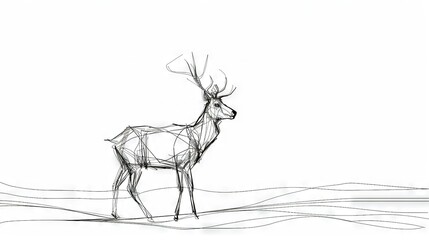 Wall Mural -   A monochrome illustration depicts a deer standing amidst a snowfield, devoid of foliage on its antlers