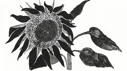 Wall Mural -   A black-and-white illustration featuring a sunflower with one bird perched on each of its sides