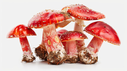 Wall Mural - Picture of red mushrooms set against a white background.