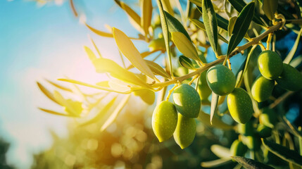 Wall Mural - Fresh green olives hang in a row on a branch in a garden. The sun shines on the fruits and leaves, creating a beautiful contrast against the blue sky.