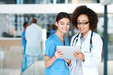 Canvas Print - Doctor, tablet and nurse in hospital with research for patient consultation, decision and healthcare. People, technology and planning as teamwork in clinic for discussion, wellness and medical advice