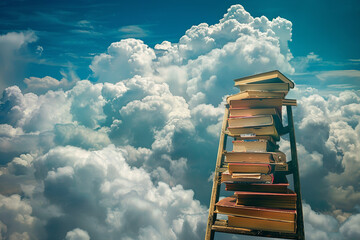 A ladder of books extending into a cloudy sky, representing the limitless pursuit of knowledge and imagination. With copy space for text.