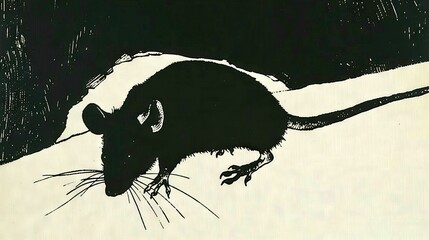 Wall Mural -   A monochrome photograph of a rodent resting atop a clean cloth with a contrasting silhouette of the creature depicted in black
