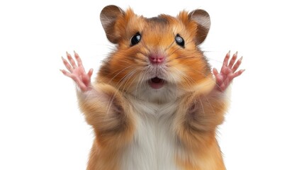 A cute hamster stands on its hind legs with its front paws raised, appearing playful and curious. The hamster is isolated on a transparent background.