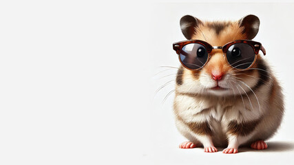 A cute hamster wearing sunglasses, sitting on a plain white background with copy space. Concept: cool pet, stylish animal, fashionable rodent. Ideal for pet-related content, fashion accessories