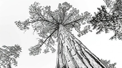 Poster -   Black-and-white image of a tree reaching for its branches from the ground, with focus on the topmost part