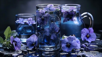 Wall Mural -   A glass of water with purple flowers and a pitcher of water with blue flowers by its side