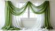 © Kateryna Kordubailo - Green window curtains and white tulle set against a white wall background