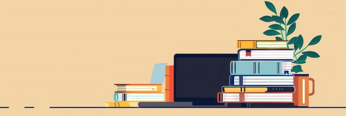 Aufkleber - A laptop computer sits next to a stack of books, symbolizing modern methods of learning and the integration of technology in education. Generative AI