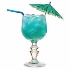 Tropical blue cocktail served in an elegant glass with ice, adorned with a blue straw and a small green umbrella, isolated on a white background