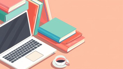 Aufkleber - A laptop, textbooks, and a cup of coffee on a desk, representing modern learning methods. Generative AI