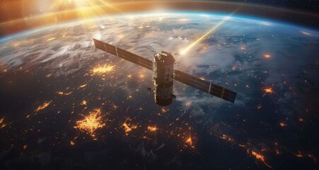 Wall Mural - Satellite Orbiting Earth at Sunset With City Lights Visible