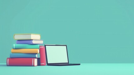 Aufkleber - A stack of textbooks sits next to a closed laptop on a turquoise desk, showcasing modern education and learning. Generative AI