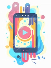 Aufkleber - A colorful illustration of a smartphone displaying a video streaming screen with a play button, perfect for showcasing online content creation and digital marketing. Generative AI