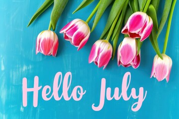 Wall Mural - tulips on a blue background, the text says 