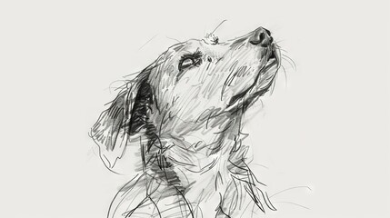 Wall Mural -   A monochrome illustration of a dog's face tilted upward, gazing to the right beyond the edge of the canvas
