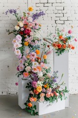 Poster - Stunning bouquets and flower arrangements in front of a white bricks wall 