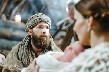 A serene scene depicting the nativity story, with a bearded man gazing at a woman holding a baby, symbolizing the birth of Jesus Christ.