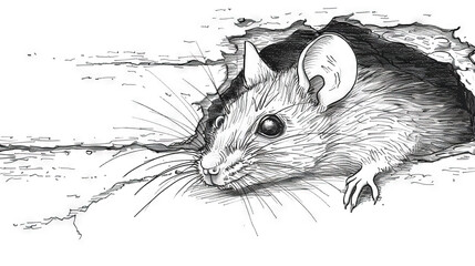Wall Mural -   A monochromatic illustration of a rodent peering through an underground opening as water streams from above