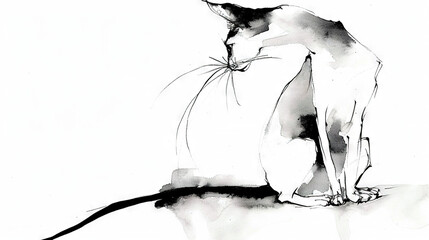 Wall Mural -   A monochromatic depiction of a feline perched on the ground, with its head angled to view something afar