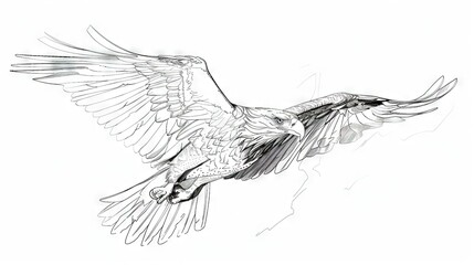 Wall Mural -   Black-and-white illustration of a bird soaring in the sky, with open wings