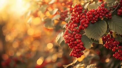 Wall Mural - Vibrant autumn berries on bushes, bathed in warm sunlight.