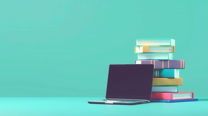Poster - A laptop rests on a teal surface next to a stack of colorful textbooks, representing the blend of traditional and modern learning methods. Generative AI