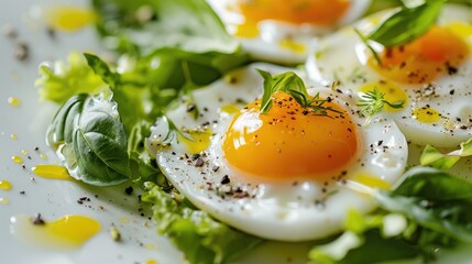Wall Mural - Close up image of a wholesome salad featuring quail egg and basil leaf on a white background