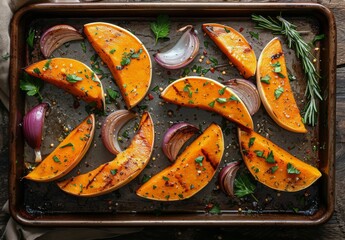 Wall Mural - Roasted Pumpkin Slices With Herbs and Spices on a Baking Sheet