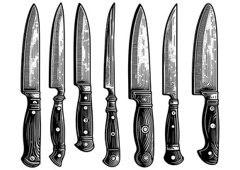 set of four chef knives with varying blade shapes and handle designs sketch engraving generative ai fictional character PNG illustration. Scratch board imitation. Black and white image.