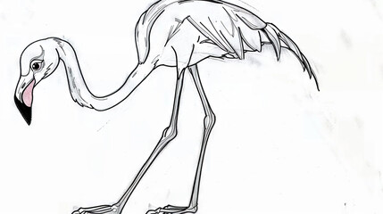 Canvas Print -   Black and white drawing of a flamingo with a long neck and legs on a white background