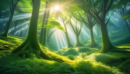 Wall Mural - Sunlight filtering through green forest