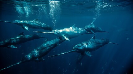 Wall Mural - Photo of a pod of narwhals shot direction from the front pose swimming together time of day sunset