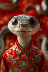 Sticker - Portrait of a snake dressed in traditional red Oriental outfit. Chinese new year. Year of the snake