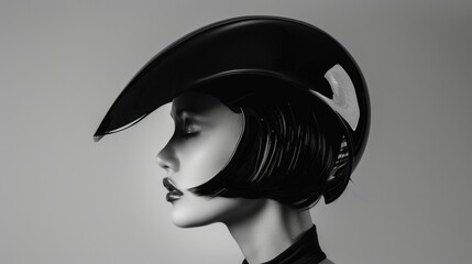 Black And White Portrait of a Woman Wearing a Sculptural Helmet. Generative AI
