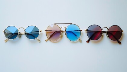 Top view of stylish sunglasses collection on light background for fashion enthusiasts