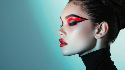 Wall Mural - Woman With Bold Abstract Red Makeup in Profile. Generative AI