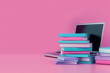 Poster - A laptop rests beside a stack of colorful textbooks on a pink background, symbolizing the modern approach to learning that combines traditional methods with technology. Generative AI