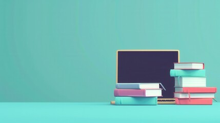 Aufkleber - A laptop and a stack of textbooks rest on a turquoise surface, symbolizing the modern approach to education. Generative AI