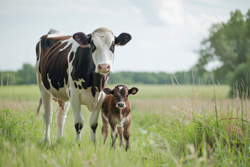 cow and little calf on the grass