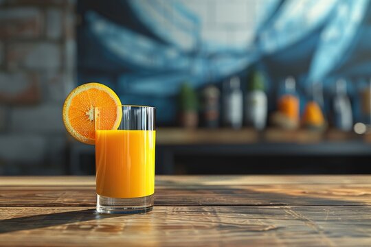 orange juice on wooden table Generative AI