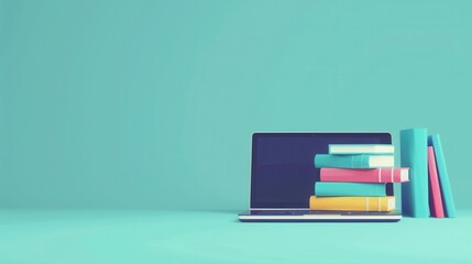 Poster - A laptop computer sits on a turquoise surface alongside a stack of colorful textbooks, symbolizing the blending of traditional and contemporary education methods. Generative AI