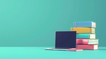 Leinwandbilder - A laptop and a stack of colorful textbooks rest on a turquoise surface, symbolizing the modern ways of learning. Generative AI