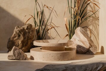 Sandstone podium for display product on beige background.