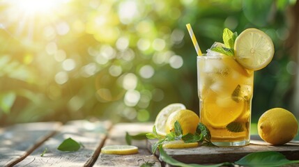 Poster - Iced Lemon Tea on Wooden Table with Green Background Refreshing Summer Beverage Option Embracing Health and Tropical Vibes