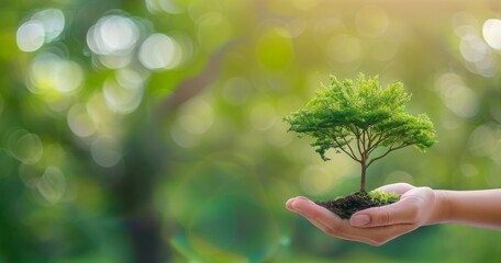 Wall Mural - On a sunny background, a hand holds a big tree growing