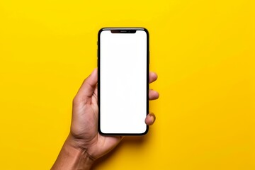 On a yellow background, we see a hand holding a black smartphone with a blank screen and a modern frameless design