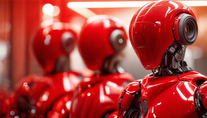 Wall Mural - Android robots. Row of red robots. Sky-fi robots